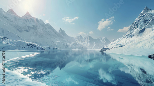 A serene and picturesque mountain lake surrounded by snow-covered peaks in winter realistic stock photography