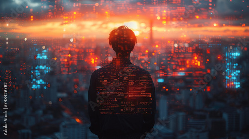 Silhouette of a person overlooking a futuristic cityscape with vibrant red and blue neon lights at night.