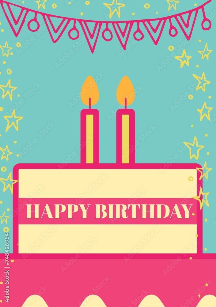 Composite of happy birthday text over birthday cake with candles on blue background