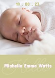 Composition of michelle emma watts text with birth date over caucasian baby on green background