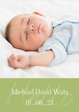 Composition of michael david watts text with birth date over caucasian baby on green background