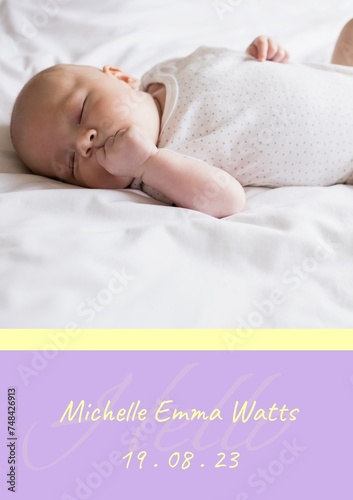 Composition of michelle emma watts text with birth date over caucasian baby on purple background
