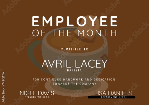 Employee of the month  barista text with name and details over coffee cup on brown background