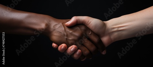 handshake between two hands of differing skin tones against a neutral background, symbolizing diversity and unity photo
