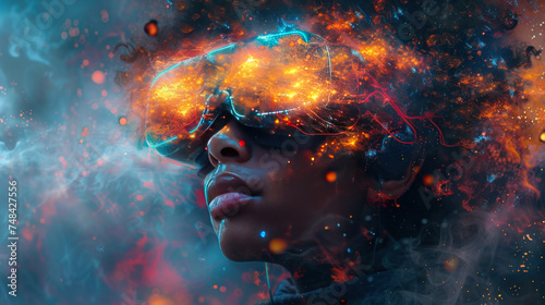 Conceptual portrait of a person with a cosmic galaxy effect across the eyes, symbolizing vision, imagination, and creativity.