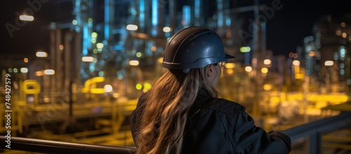 Rear view of female worker wearing safety helmet and looking at night city