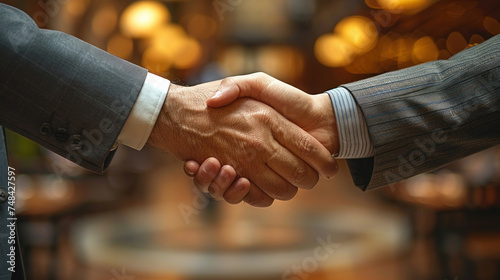 Close-up of a firm handshake between two business professionals with a blurred background.
