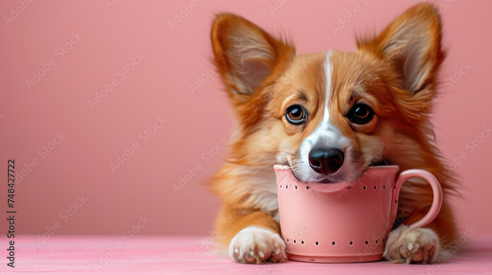 Adorable corgi dog with a pink mug on a pink background, looking at the camera with a cute expression.