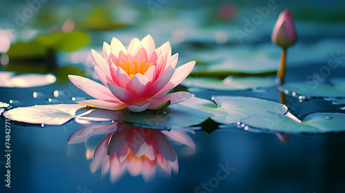 Lotus blooming, close-up of tranquil pond