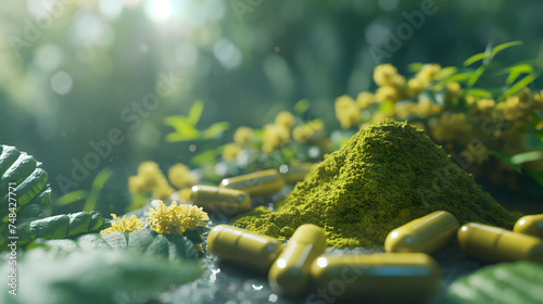 Flower Mitragyna speciosa (kratom) with medicinal products in the form of capsules and powder with natural light and blurred background