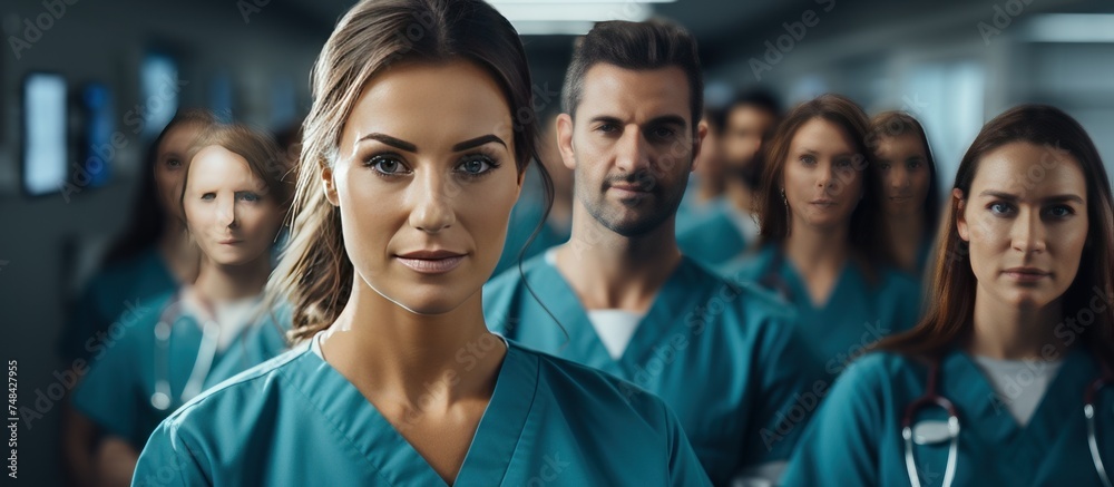 Portrait of female doctor in front of her colleagues in hospital corridor