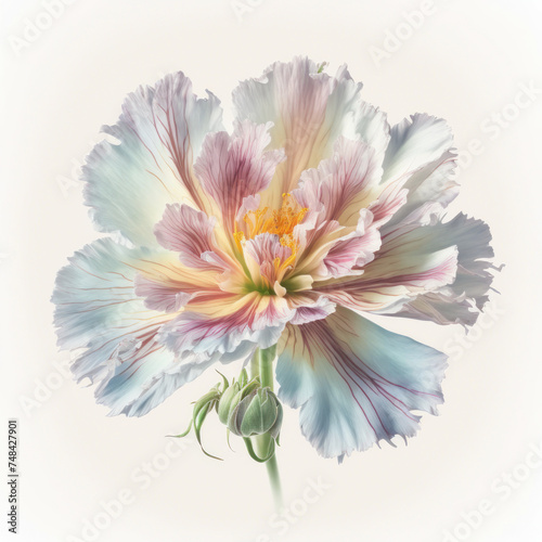 Elegant single cosmos flower with pastel petals and a bud on a white background. Generative AI