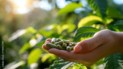 Hand holding a kratom capsules (Mitragyna speciosa) on a natural background