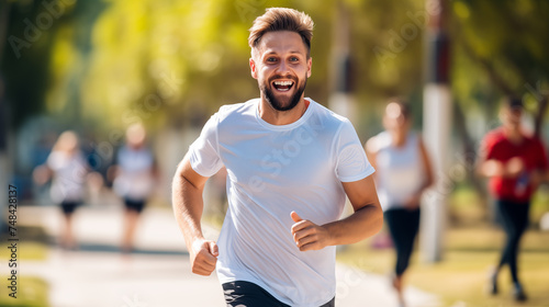 Smiling healthy man running marathon outdoors.