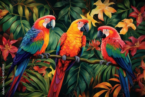Colorful Beautiful tropical parrots. Wildlife birds. Generate Ai © juliars