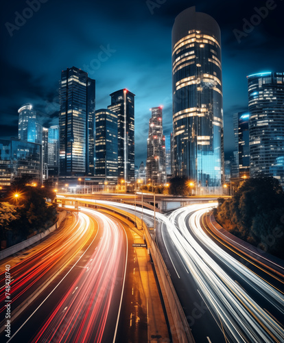 Road light in city, night megapolis highway lights of cityscape , megacity traffic with highway road motion lights, long exposure photography. 