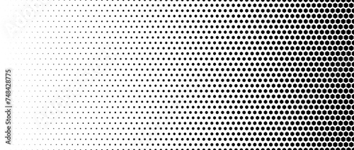 Hexagon halftone gradient texture. Abstract black and white hex gradation background. Geometric retro tech wallpaper. Fading hexagonal pattern backdrop. Vector vanishing honeycomb grunge overlay