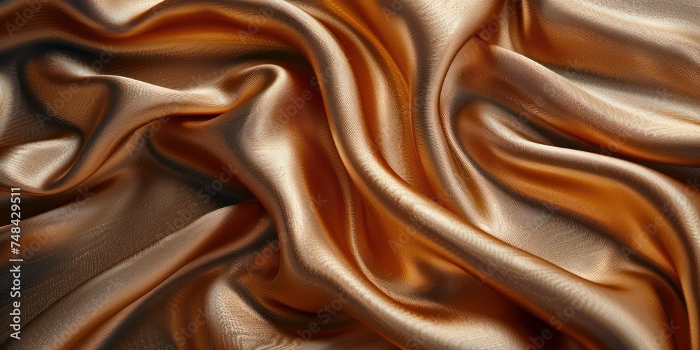 Abstract shiny gold fabric silk fabric red weave of cotton or linen satin fabric lies texture background.

