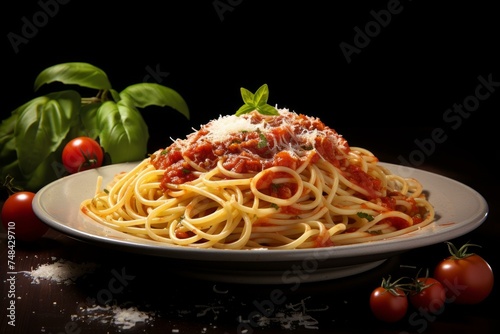 Savory Pasta italian basil food. Dinner plate. Generate Ai