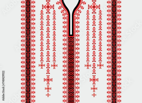 Neck line, collar pattern, red-black flower with tassel stripes, embroidery, traditional geometric pattern on background, abstract vector, Aztec style, design for fabric texture, Women's fashion cloth