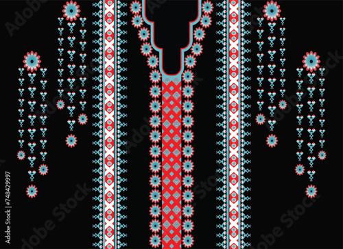 Neck line, collar pattern, red-blue flower with tassel stripes, embroidery, traditional geometric pattern on background, abstract vector, Aztec style, design for fabric texture, Women's fashion cloth