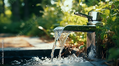 Water flowing from the tap for life with garden background Environmentally friendly water use