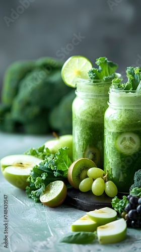 Glass jar mugs with green health smoothie, kale leaves, lime, apple, kiwi, grapes, banana, avocado, lettuce. Copy space. Raw, vegan, vegetarian, alkaline food concept. Banner.