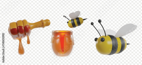 Honey and Bee 3d icons render clipart for UI UX, landing page, illustration, or buttons.