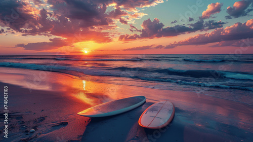 Surfboards on the beach at sunset.