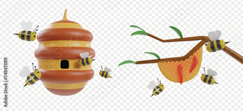 Honey and Bee 3d icons render clipart for UI UX, landing page, illustration, or buttons.