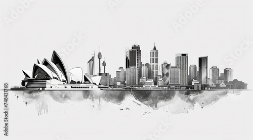 Monochrome illustration of Sydney cityscape with iconic Opera House and skyline reflection, ai generated