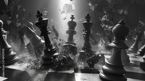 White king and black team chess background with breaking figures. Battle, horse on backdrop  in 3D illustration photo