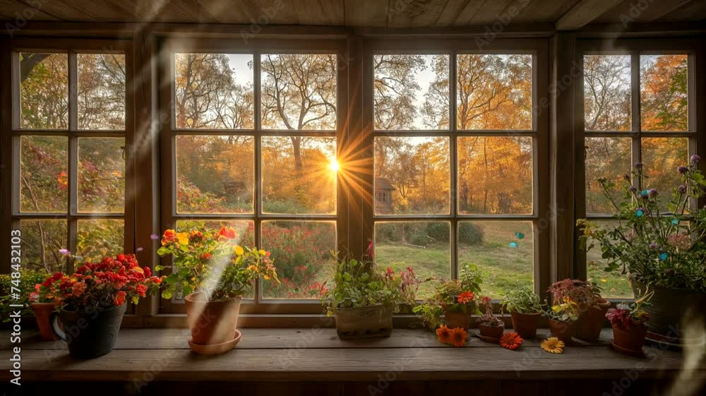 Window with flowers in summer. Seamless looping time-lapse 4k video animation background Window with flowers in summer. Seamless looping time-lapse 4k video animation background