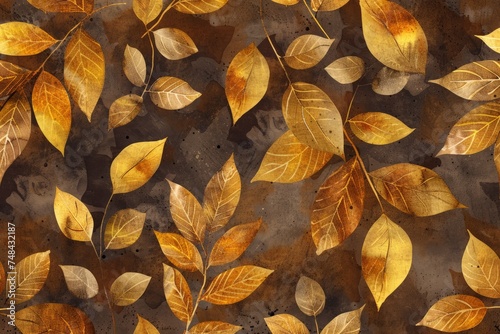 A painting featuring intricate gold leaves against a rich brown background, showcasing elegance and contrast in colors and textures.