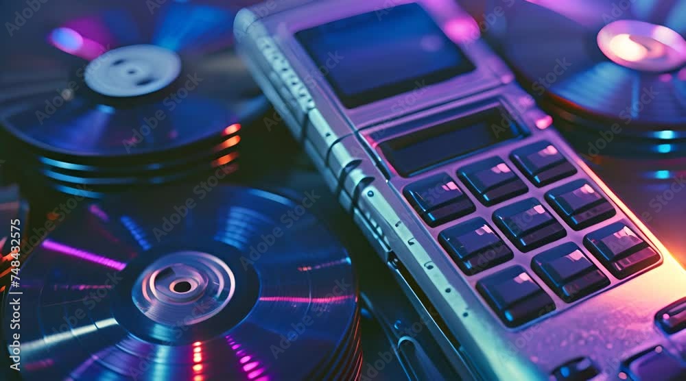 Retro Mobile Phone and CDs in Neon Light with AI generated.
