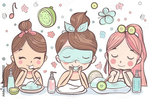 Cartoon cute doodles of girls having a spa day, with face masks, cucumbers, and relaxing music, Generative AI
