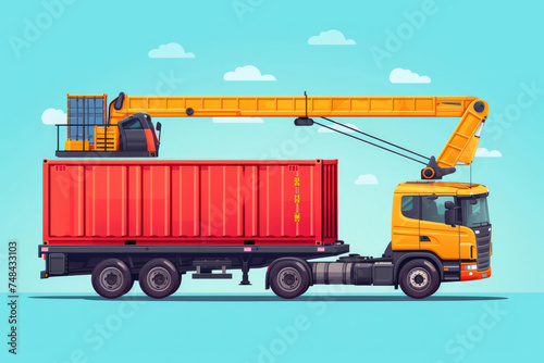 Crane truck loading container cargo box on trailer. Side view mobile crane truck