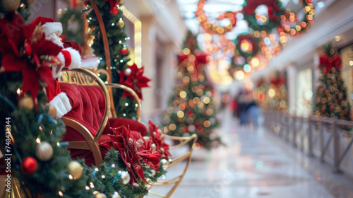 A shopping mall is decked out in festive decorations with bright red and green wreaths hanging from every corner and a giant Santas sleigh serving as the backdrop for family