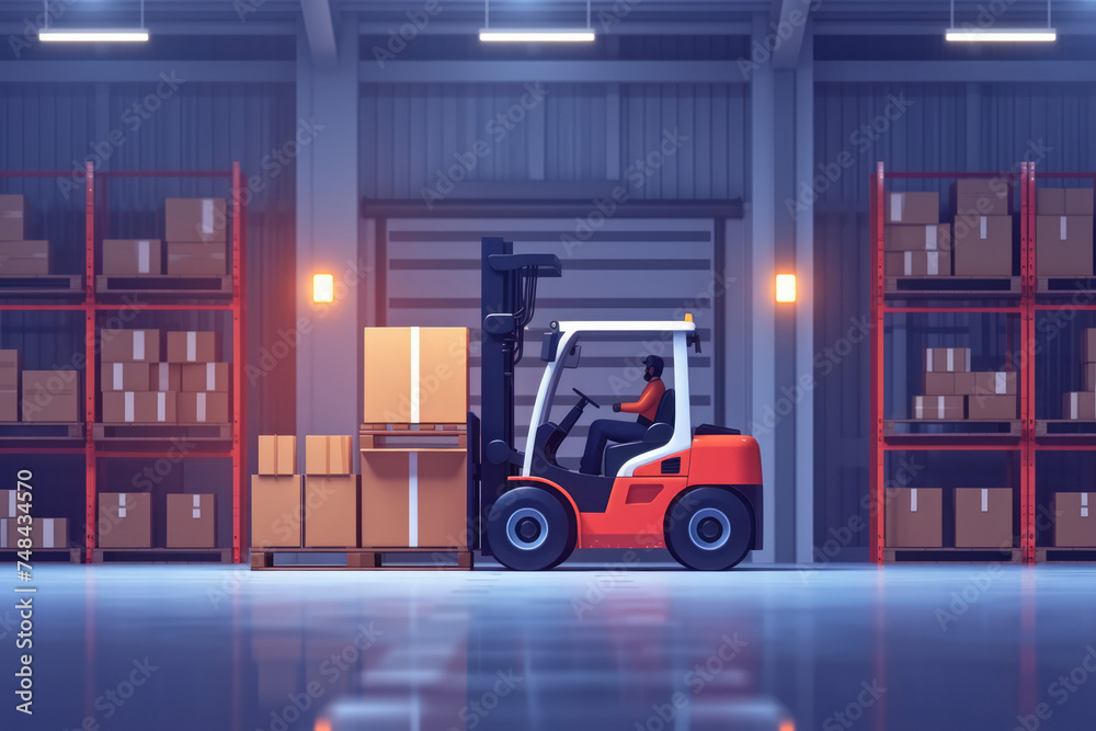 Forklift loading goods in warehouse. Logistics and transportation