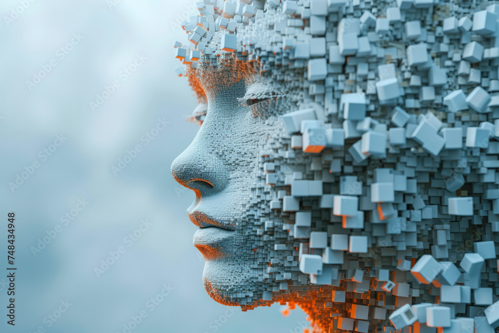 3D illustration of a human head constructed by cubes. Visual representation of identity created 3D illustration of a human head constructed by cubes. Visual representation of identity created