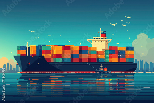 Big container freight ship in seaport harbor. Global cargo delivery shipping industry