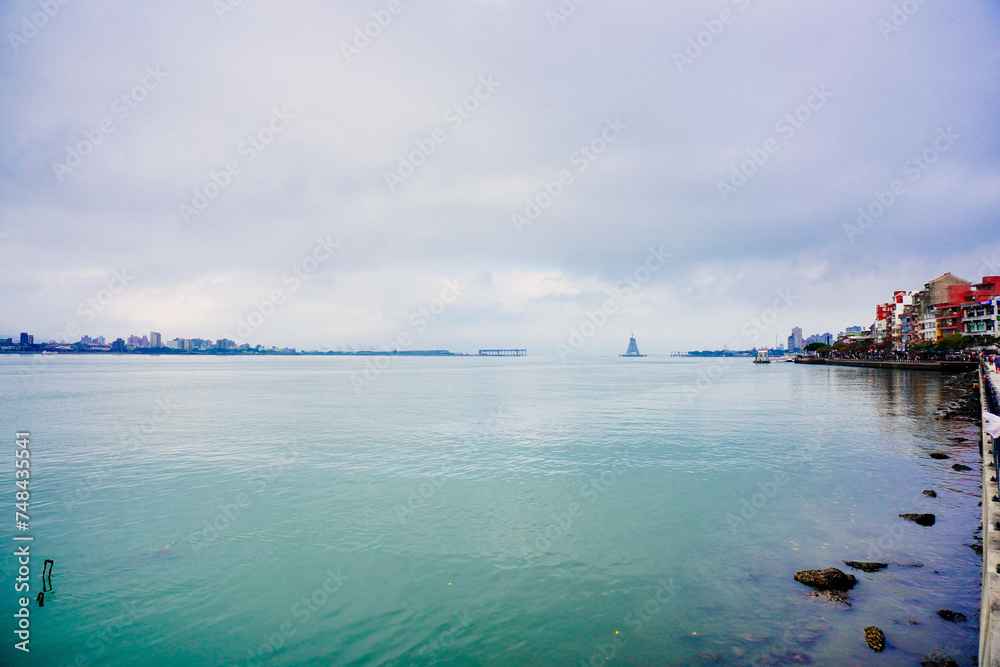 Taipei, Taiwan, Republic of China, 01 22 2024: Clean Tamsui river in a raining day in winter

