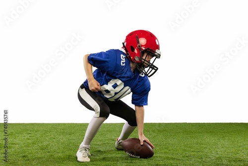 Portrait Little Boy Child Playing Training American Football Isolated White Studio Background 3