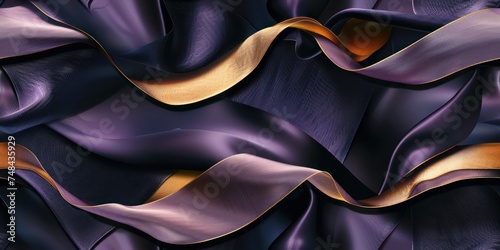 Abstract a black and purple satin and gold gradient satin fabric lies texture background.