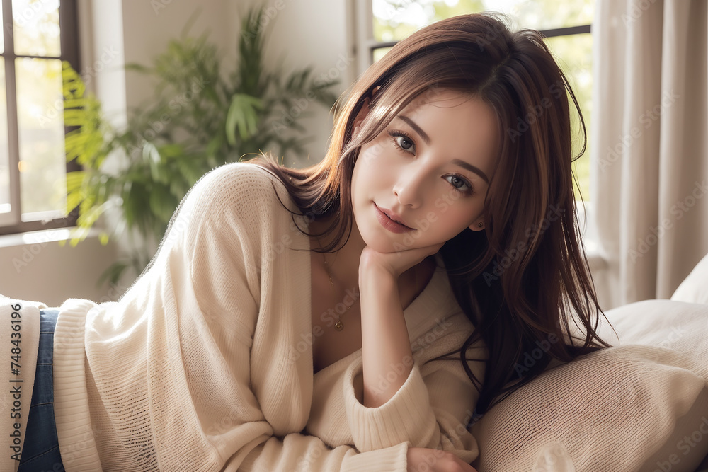 横になり頬杖をつくアジア系美女モデル 横になり頬杖をつくアジア系美女モデル