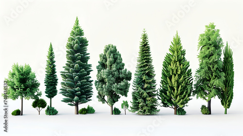 set of green trees isolated, tree in spring