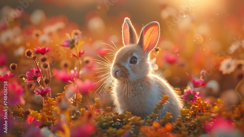 small rabbits is sitting in grass and flowers, in the style of sunrays shine upon it, cute and colorful