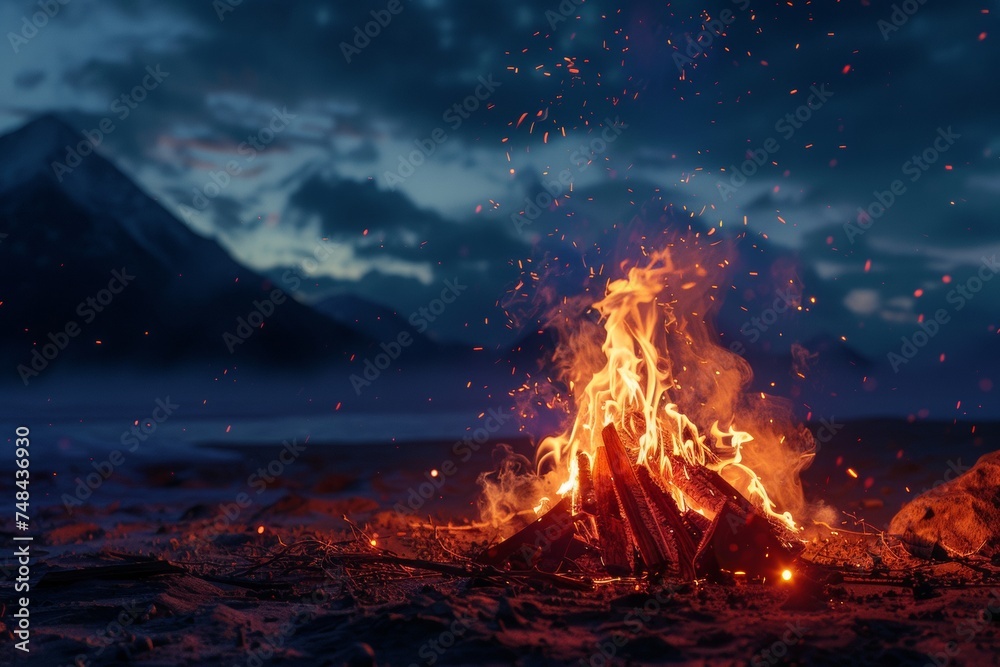 Majestic bonfire against twilight sky in remote wilderness, sparking a sense of adventure and the sublime.

