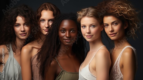 Group of diverse women with different hairstyles and makeup posing in studio