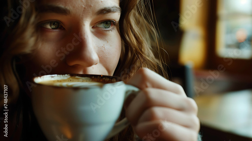 Uma jovem mulher desfrutando de um café acolhedor com luz quente através da janela foco na fumacinha da xícara photo